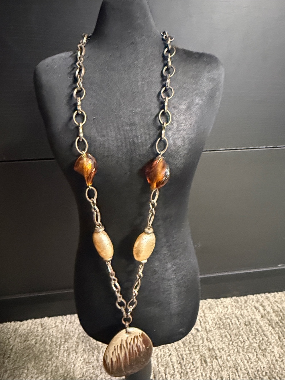 Long Brown and Gold Pendant Necklace with Chain Links